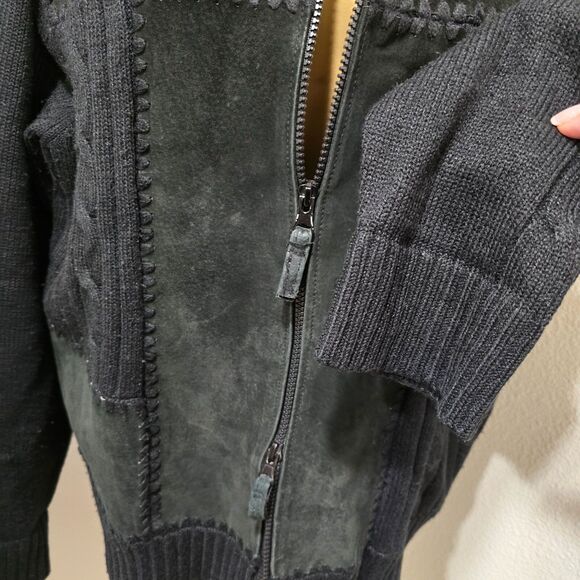Vtg Suede Leather Sweater Jacket Womens L Black Patchwork Retro 80s Boho Hippie - Picture 3 of 7